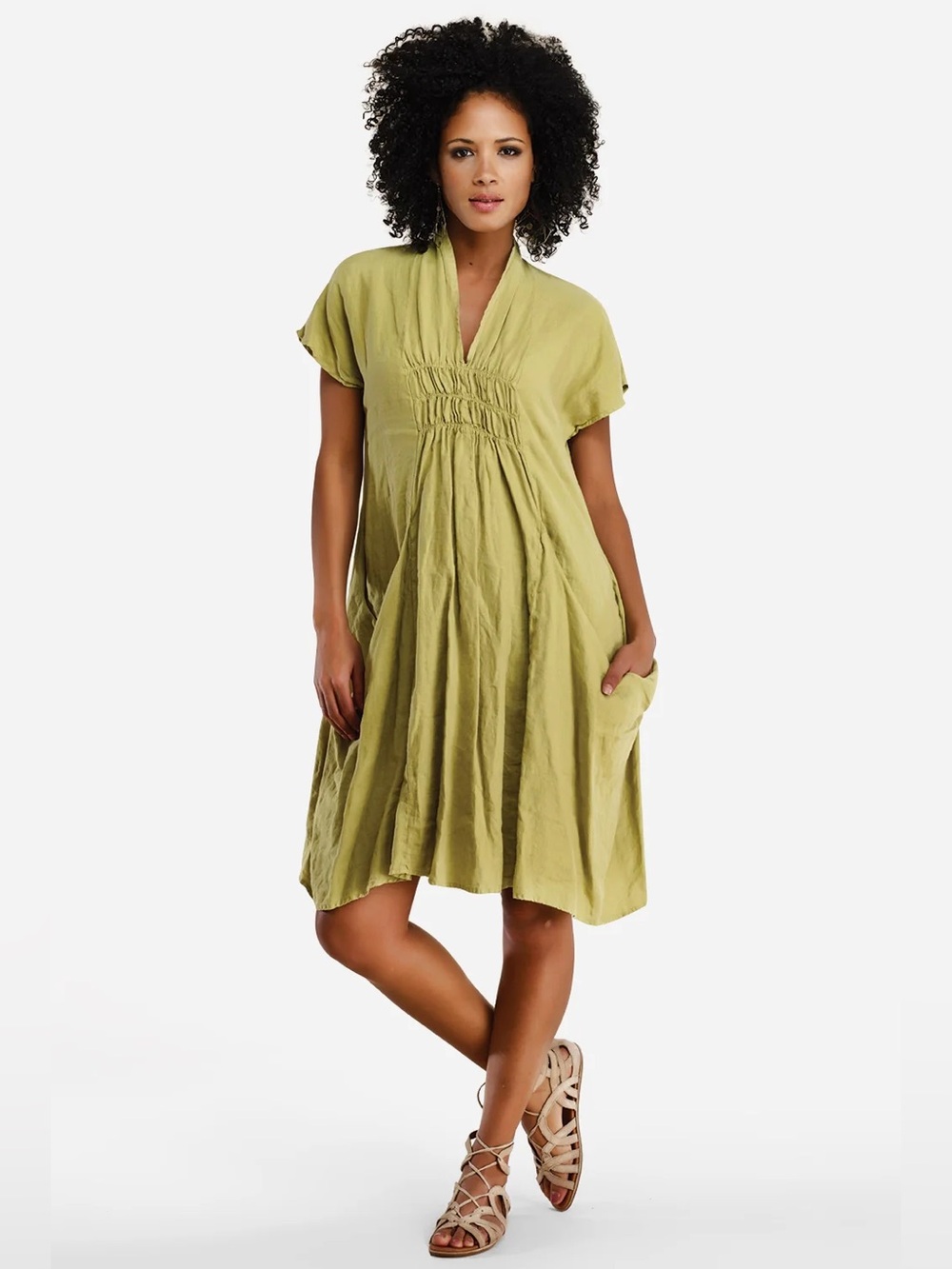 Luna Luz Linen Shawl Collar Dress XL Wild Lime Lagenlook Origami Pocket Boho